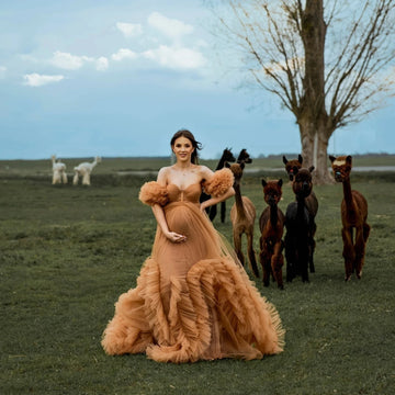 Mqtime New Design Tan Gold Tulle Maternity Dresses for Pregnant Woman Puff Sleeves Ruffled Mesh Maternity Photography Dress Photoshoot